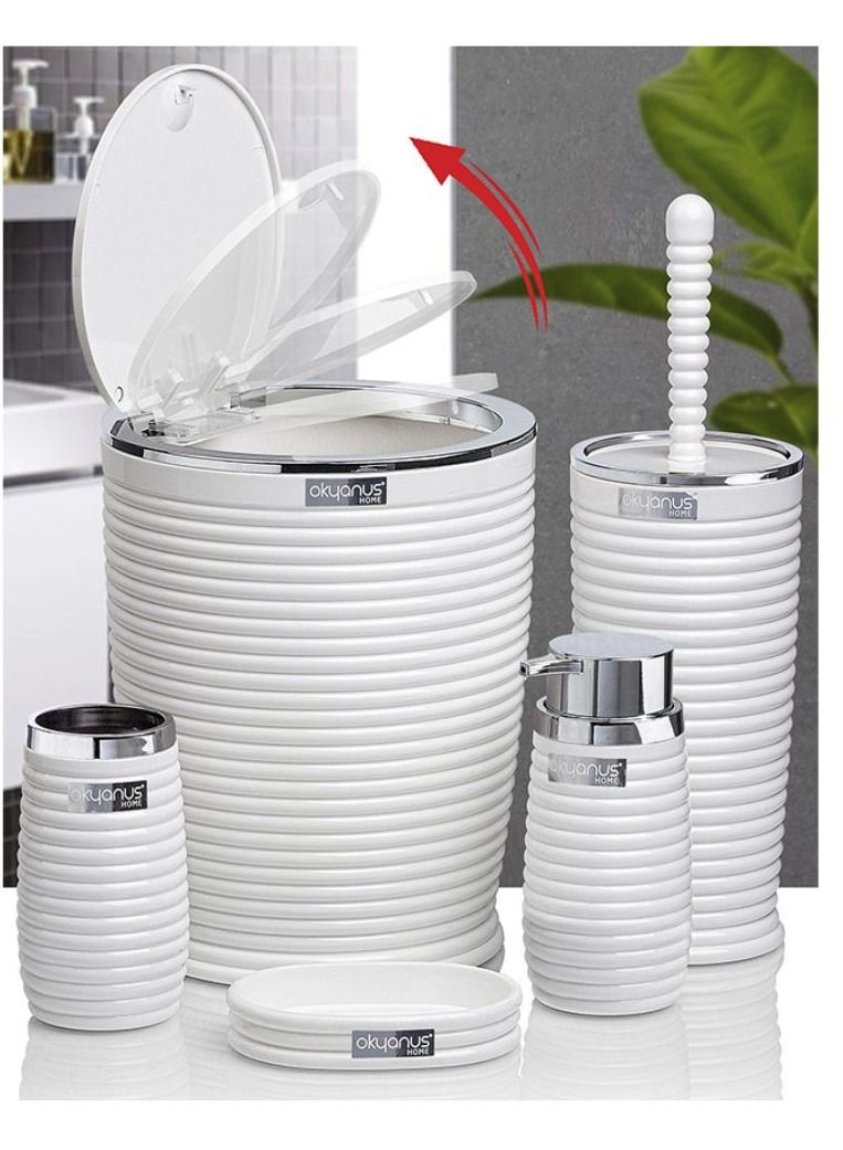 طقم حمام بلاستيك 5 قطع - موزع صابون سائل - حامل صابون - فرشاة تنظيف التواليت - حامل فرشاة أسنان ومعجون أسنان كروم - أبيض - Image 4