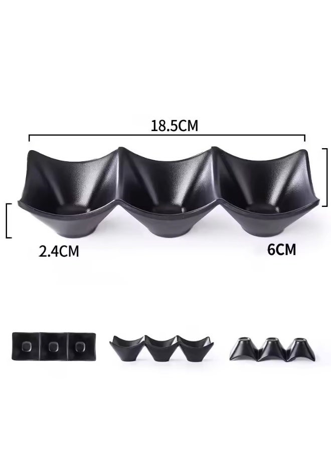 هابي هوم طبق تقديم من الميلامين مقسم الى 3 أقسام لتقديم صلصة الصويا، اطباق صلصة الوسابي، اوعية للتغميس والبهارات، اكسسوارات المطبخ للمطاعم ومحلات الطعام على الطراز الياباني الكلاسيكي طول 18سم (أسود - ضد الكسر) - Image 2