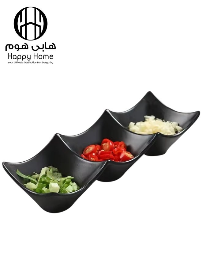 هابي هوم طبق تقديم من الميلامين مقسم الى 3 أقسام لتقديم صلصة الصويا، اطباق صلصة الوسابي، اوعية للتغميس والبهارات، اكسسوارات المطبخ للمطاعم ومحلات الطعام على الطراز الياباني الكلاسيكي طول 18سم (أسود - ضد الكسر) - Image 1