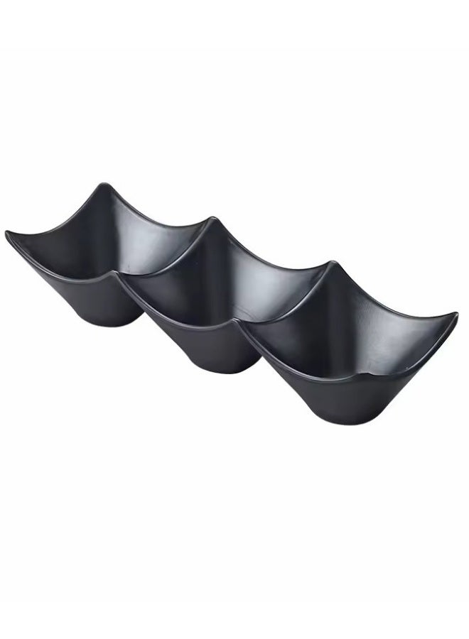 هابي هوم طبق تقديم من الميلامين مقسم الى 3 أقسام لتقديم صلصة الصويا، اطباق صلصة الوسابي، اوعية للتغميس والبهارات، اكسسوارات المطبخ للمطاعم ومحلات الطعام على الطراز الياباني الكلاسيكي طول 18سم (أسود - ضد الكسر) - Image 3