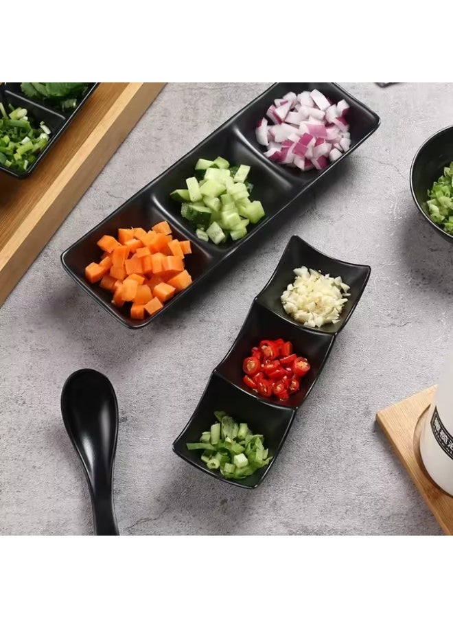 هابي هوم طبق تقديم من الميلامين مقسم الى 3 أقسام لتقديم صلصة الصويا، اطباق صلصة الوسابي، اوعية للتغميس والبهارات، اكسسوارات المطبخ للمطاعم ومحلات الطعام على الطراز الياباني الكلاسيكي طول 18سم (أسود - ضد الكسر) - Image 4