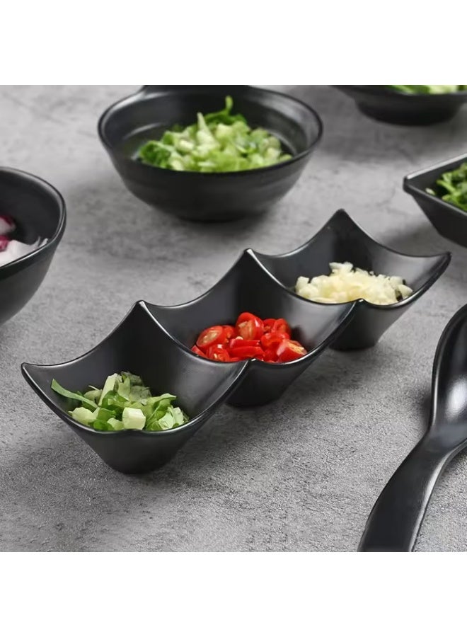 هابي هوم طبق تقديم من الميلامين مقسم الى 3 أقسام لتقديم صلصة الصويا، اطباق صلصة الوسابي، اوعية للتغميس والبهارات، اكسسوارات المطبخ للمطاعم ومحلات الطعام على الطراز الياباني الكلاسيكي طول 18سم (أسود - ضد الكسر) - Image 5