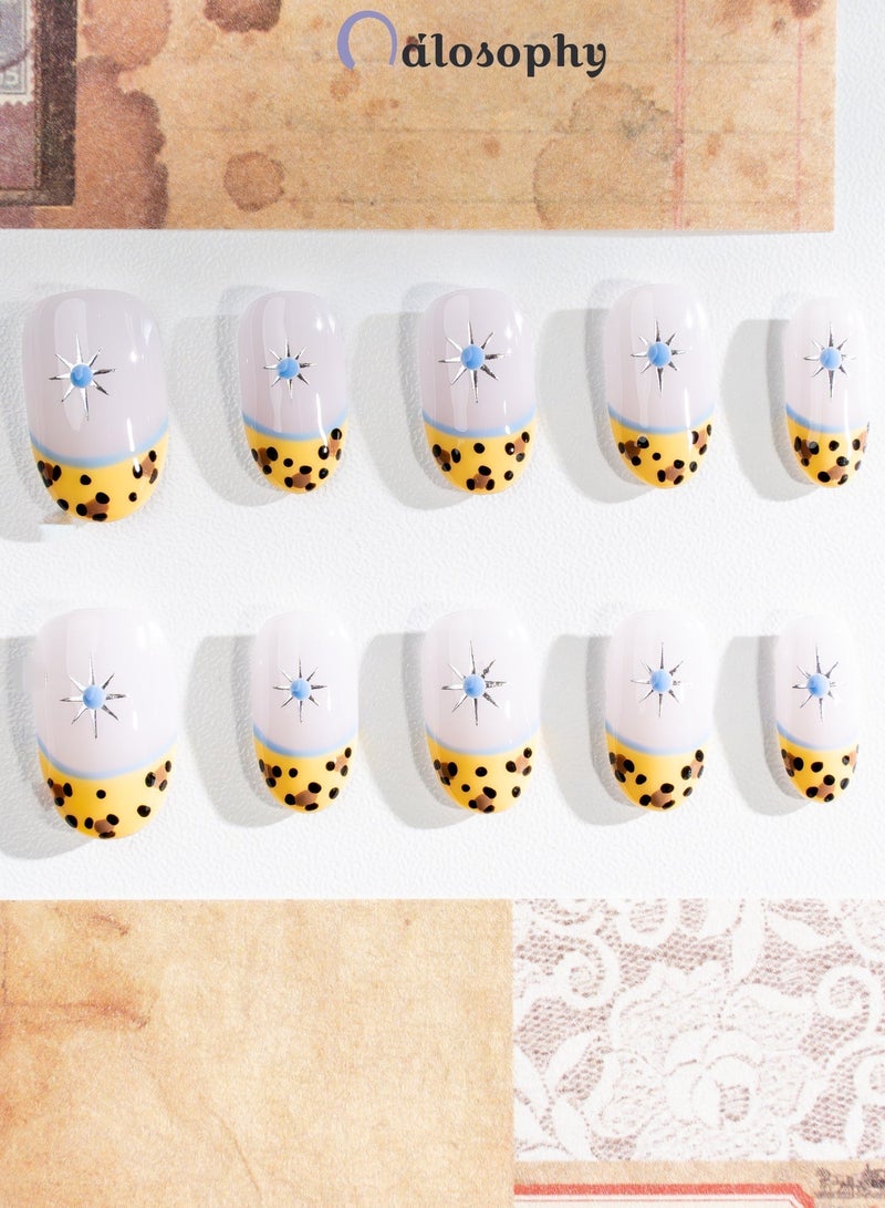 Nailosophy 10 Pcs Handmade Gel Press On Nails Short Round Lavender Yellow Leopard Print Reusable False Nails Nail Kit for Women Daily Wear Office Party Eid - Image 3