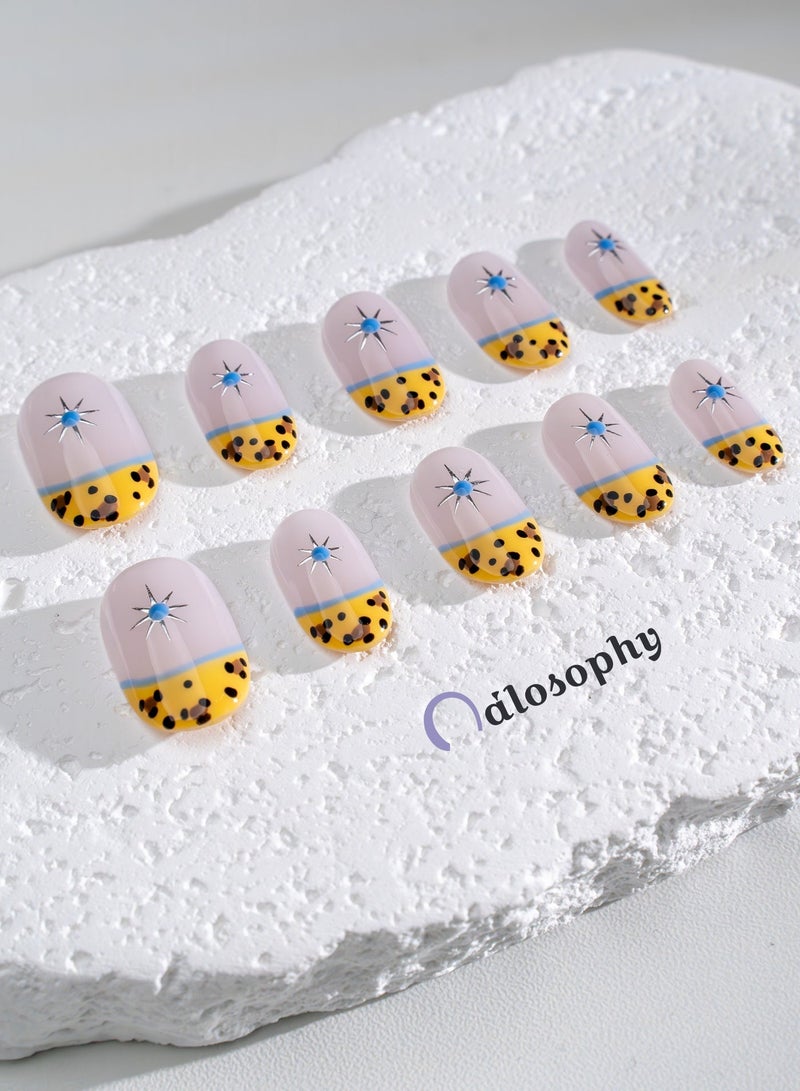 Nailosophy 10 Pcs Handmade Gel Press On Nails Short Round Lavender Yellow Leopard Print Reusable False Nails Nail Kit for Women Daily Wear Office Party Eid - Image 4