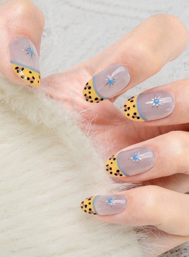 Nailosophy 10 Pcs Handmade Gel Press On Nails Short Round Lavender Yellow Leopard Print Reusable False Nails Nail Kit for Women Daily Wear Office Party Eid - Image 2