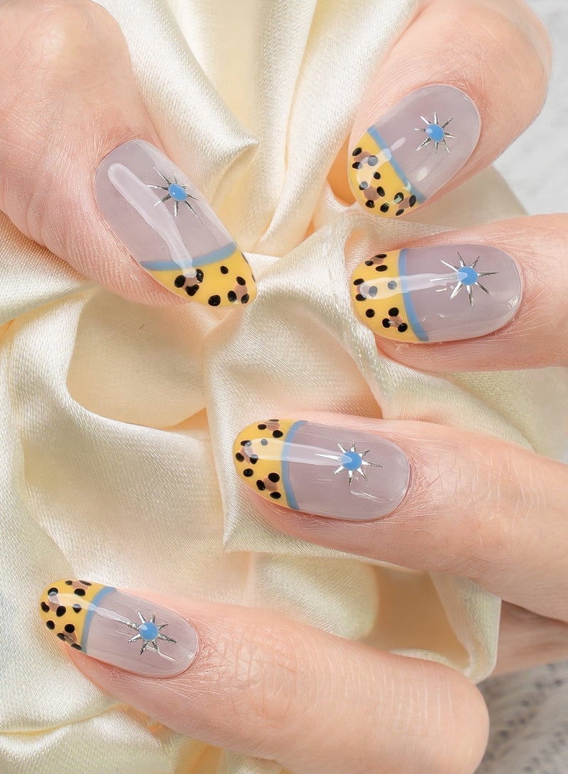 Nailosophy 10 Pcs Handmade Gel Press On Nails Short Round Lavender Yellow Leopard Print Reusable False Nails Nail Kit for Women Daily Wear Office Party Eid - Image 1