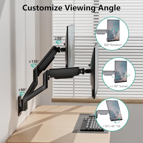 WALI Dual Monitor Wall Mount for 17 to 32 inch Screens, Monitor Wall Mounts for 2 Monitors, Holds up to 22 lbs, Fully Adjustable Gas Spring Monitor Arm,75x75/100x100 VESA Wall Mount (GSWM002), Black - Image 5