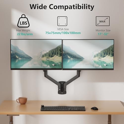WALI Dual Monitor Wall Mount for 17 to 32 inch Screens, Monitor Wall Mounts for 2 Monitors, Holds up to 22 lbs, Fully Adjustable Gas Spring Monitor Arm,75x75/100x100 VESA Wall Mount (GSWM002), Black - Image 2