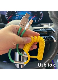 Generic Car Color Matching Imitation Silicone Spring Wire PD100W For Huawei For Iphone 15carplay Fast Charging Data Wire-Color:USB To For Iphone 12W-Model:Imitation Silicone Spring Wire [yellow + Green] Shell  - Image 1