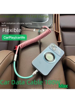 Generic Car Color Matching Imitation Silicone Spring Wire PD100W For Huawei For Iphone 15carplay Fast Charging Data Wire-Color:USB To For Iphone 12W-Model:Imitation Silicone Spring Wire [yellow + Green] Shell  - Image 2