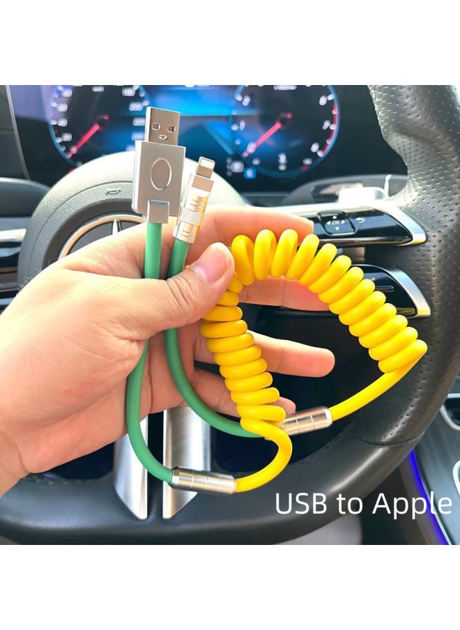 Car Color Matching Imitation Silicone Spring Wire PD100W For Huawei For Iphone 15carplay Fast Charging Data Wire-Color:USB To For Iphone 12W-Model:Imitation Silicone Spring Wire [yellow + Green] Shell  - Image 5