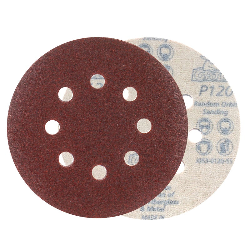 Gator 5" Random Orbit Hook & Loop Red Resin Aluminum Oxide Sanding Discs, 8-Hole, 120 Grit, 50 Pack - Image 4