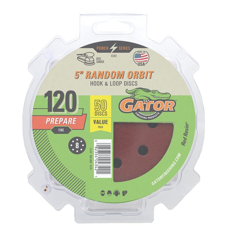 Gator 5" Random Orbit Hook & Loop Red Resin Aluminum Oxide Sanding Discs, 8-Hole, 120 Grit, 50 Pack - Image 1
