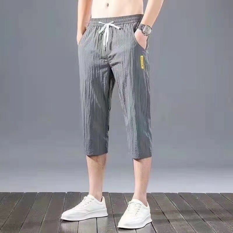 Mens Summer Ice Silk Breathable Casual Work Pants Gray cropped pants [ice silk pants]]