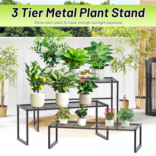 Gouisalin Metal Plant Stand Indoor Outdoor, 3 Tier Potted Multiple Flower Pot Holder Rack Plant Shelf, Heavy Duty Planter Display Shelving for Patio Balcony Garden Living Room Decorative (Black-3 Tier) - Image 5