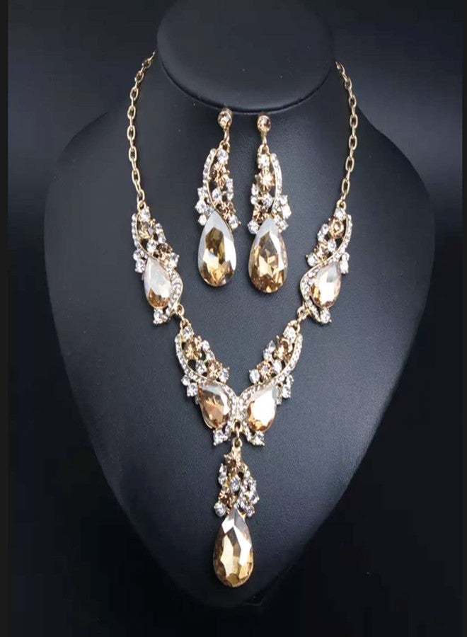 Secret for Longevity Gold Tone Antique Style Art Deco Amber Honey Yellow Topaz Citrine Champagne Rhinestone Statement Wedding Bridal Prom Chunky Statement Earrings Necklace Gift Set - Image 2