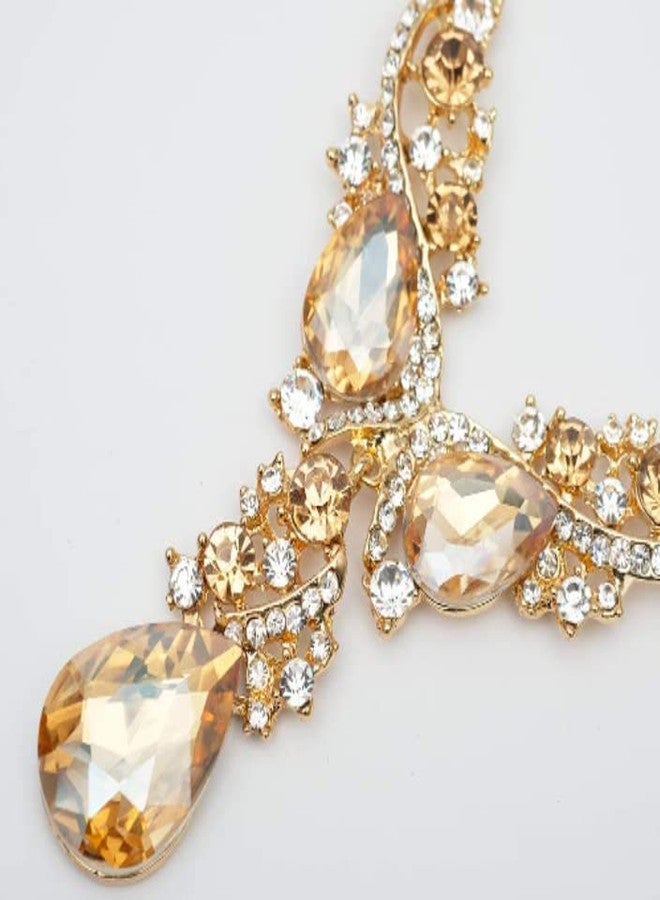 Secret for Longevity Gold Tone Antique Style Art Deco Amber Honey Yellow Topaz Citrine Champagne Rhinestone Statement Wedding Bridal Prom Chunky Statement Earrings Necklace Gift Set - Image 5