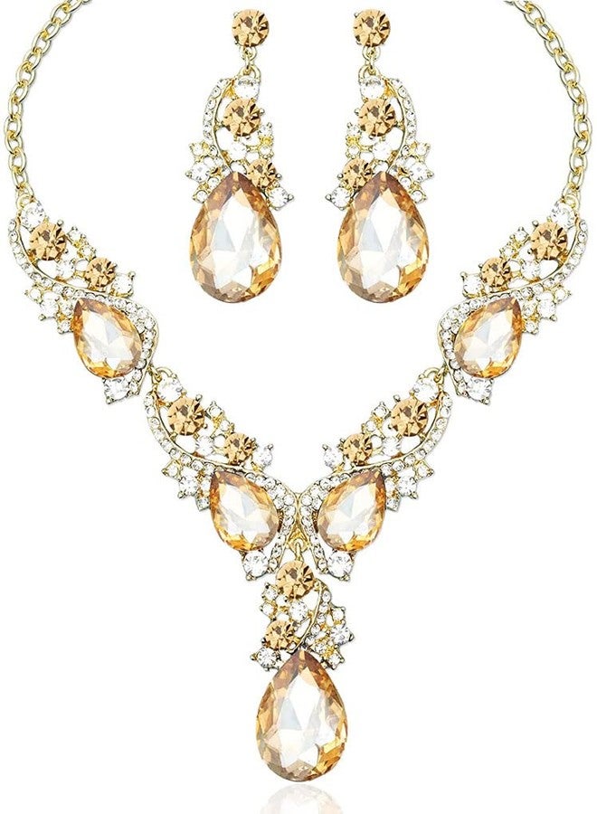 Secret for Longevity Gold Tone Antique Style Art Deco Amber Honey Yellow Topaz Citrine Champagne Rhinestone Statement Wedding Bridal Prom Chunky Statement Earrings Necklace Gift Set - Image 1