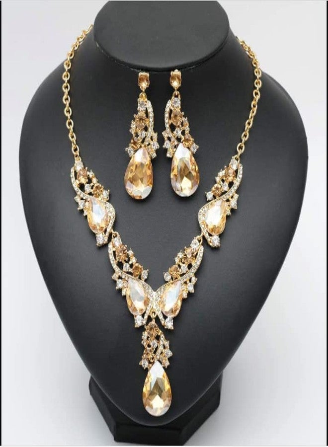 Secret for Longevity Gold Tone Antique Style Art Deco Amber Honey Yellow Topaz Citrine Champagne Rhinestone Statement Wedding Bridal Prom Chunky Statement Earrings Necklace Gift Set - Image 3
