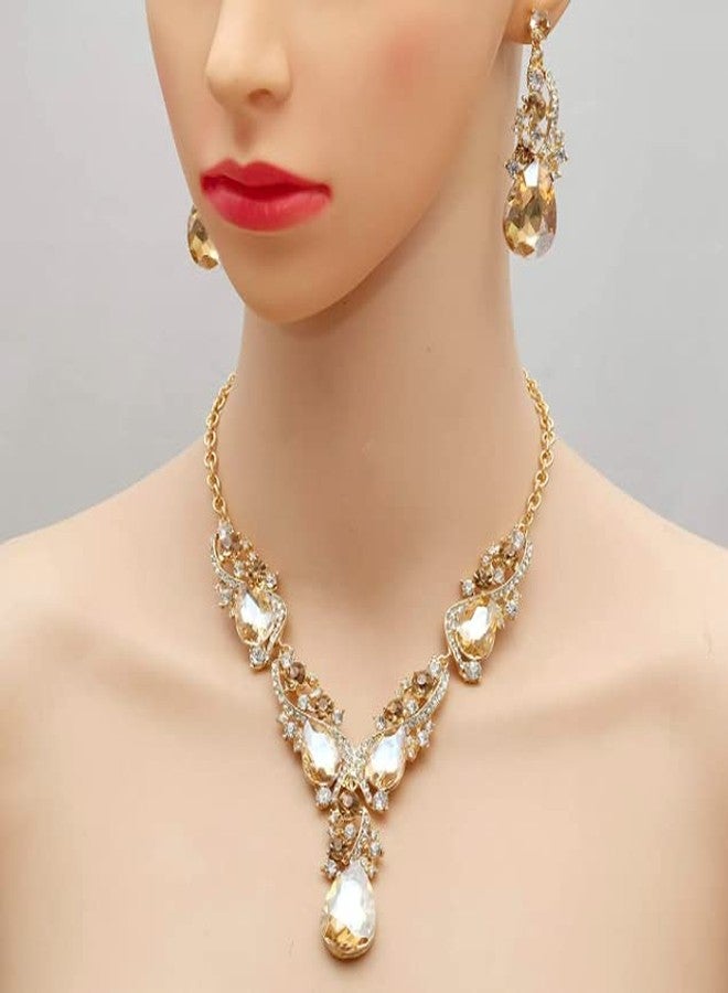 Secret for Longevity Gold Tone Antique Style Art Deco Amber Honey Yellow Topaz Citrine Champagne Rhinestone Statement Wedding Bridal Prom Chunky Statement Earrings Necklace Gift Set - Image 4