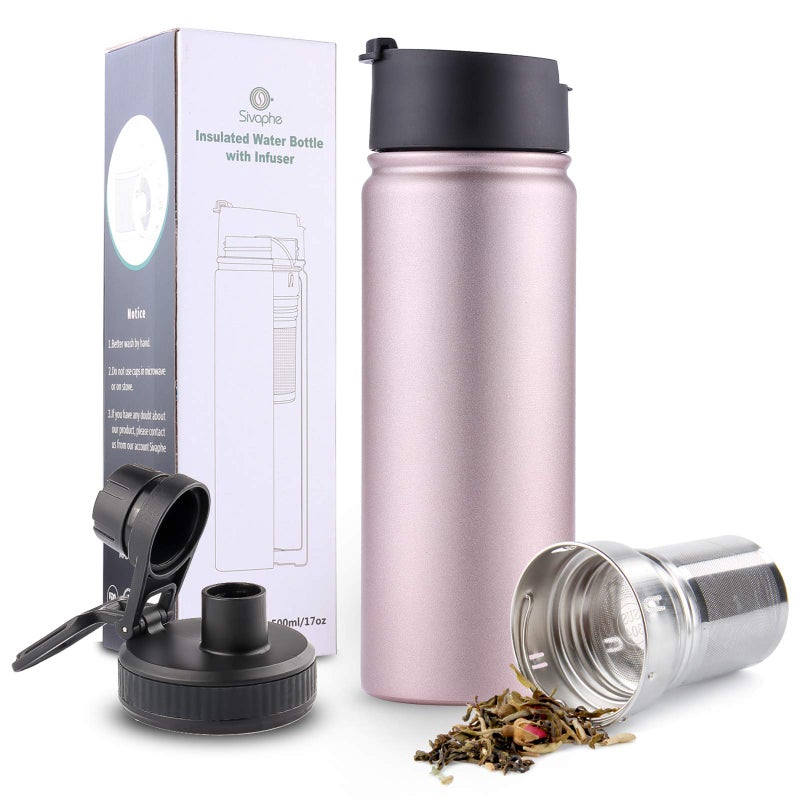 Sivaphe Tea Infuser Bottle Insulated Water Bottle Stainless Steel Drink Flasks LeakProof for Sports Outdoor Double Walled Vacuum with Lids 500ml Rose Gold