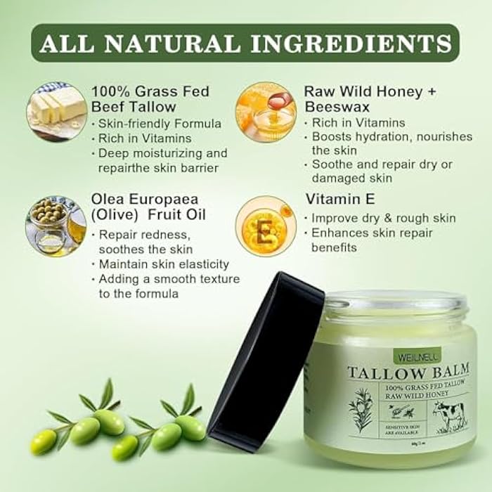 WEILNELL Beef Tallow and Honey Balm for Skin - All-Natural Moisturizer Hydrates and Nourishes the Skin, Grass-Fed Beef Tallow & Honey Balm Blend, Deeply Moisturizing for Face & Body Natural Skin Care - Image 2