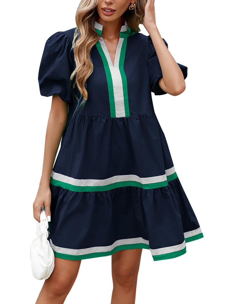 LifeShe Womens Puff Sleeve Babydoll Dress V Neck Navy Blue Striped Color Block Tiered Mini Dresses - Image 5
