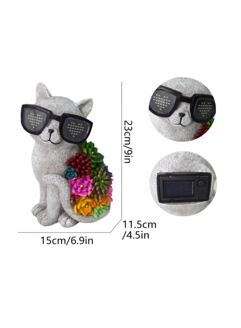 YZYOE LED solar powered succulent cat with glasses light, outdoor atmosphere cat glasses will lamp up, Cute resin animal and succulent combination garden landscape lights - Image 5