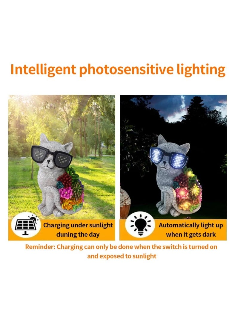 YZYOE LED solar powered succulent cat with glasses light, outdoor atmosphere cat glasses will lamp up, Cute resin animal and succulent combination garden landscape lights - Image 2