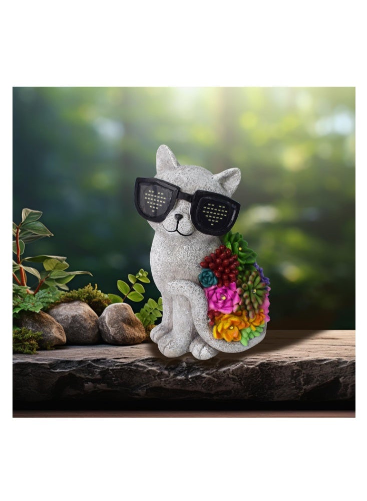 YZYOE LED solar powered succulent cat with glasses light, outdoor atmosphere cat glasses will lamp up, Cute resin animal and succulent combination garden landscape lights - Image 3