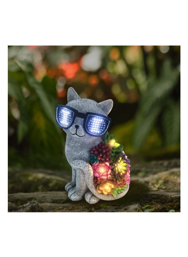 YZYOE LED solar powered succulent cat with glasses light, outdoor atmosphere cat glasses will lamp up, Cute resin animal and succulent combination garden landscape lights - Image 1