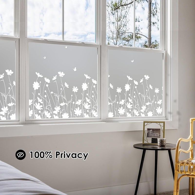 DKTIE Window Privacy Film Flowers Pure White Pattern Stained Glass Window Film Decorative Frosted Glass Window Film Sun Blocking Heat Control Static Cling (A274, 17.5" x 118.1") - Image 2