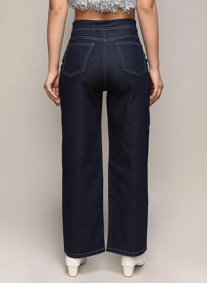 Campus Sutra Women's Dark Blue Collared Denim Jeans