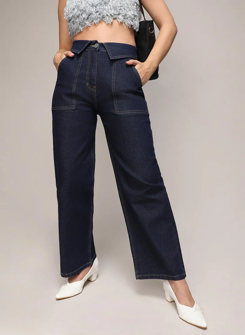 Campus Sutra Women's Dark Blue Collared Denim Jeans