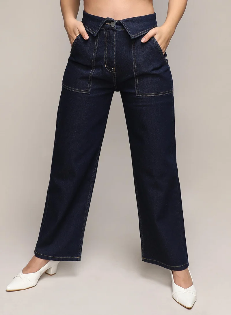 Campus Sutra Women's Dark Blue Collared Denim Jeans
