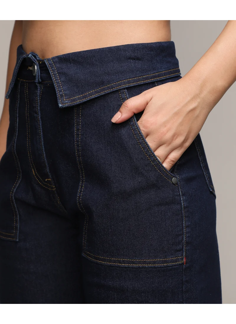 Campus Sutra Women's Dark Blue Collared Denim Jeans