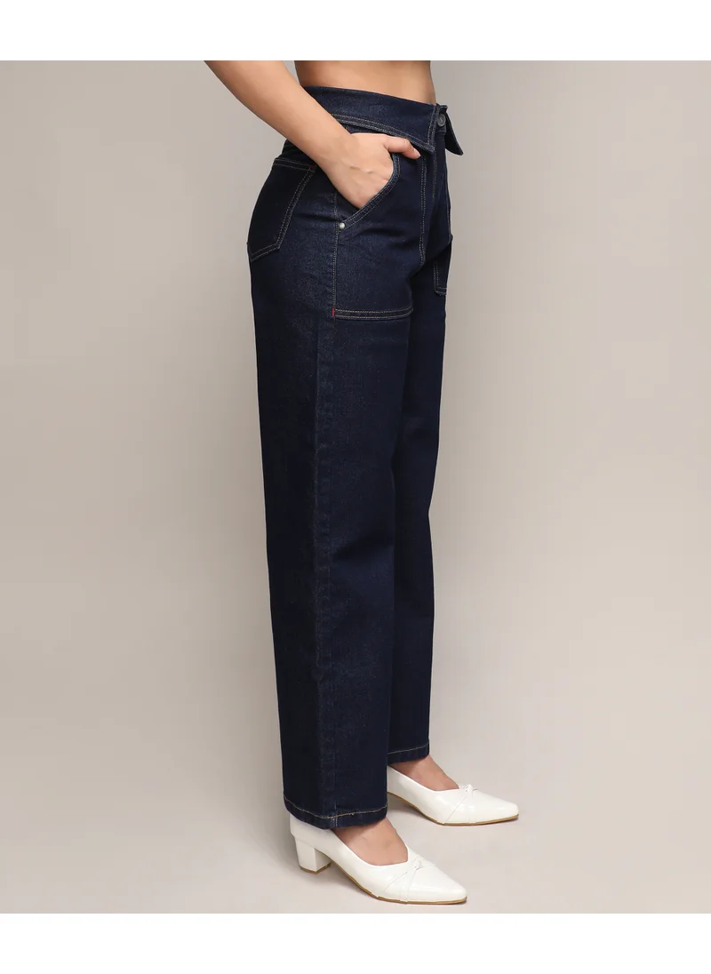 Campus Sutra Women's Dark Blue Collared Denim Jeans