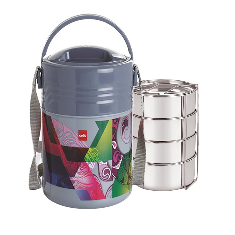 Cello Cello Meal Kit Plastic Tiffin Box | 4 Stainless Steel Containers 355ml Each, Grey | Leak Proof | Food Grade | Easy to Carry | Insulated Lunch Box for Office, Travelling  - Image 1