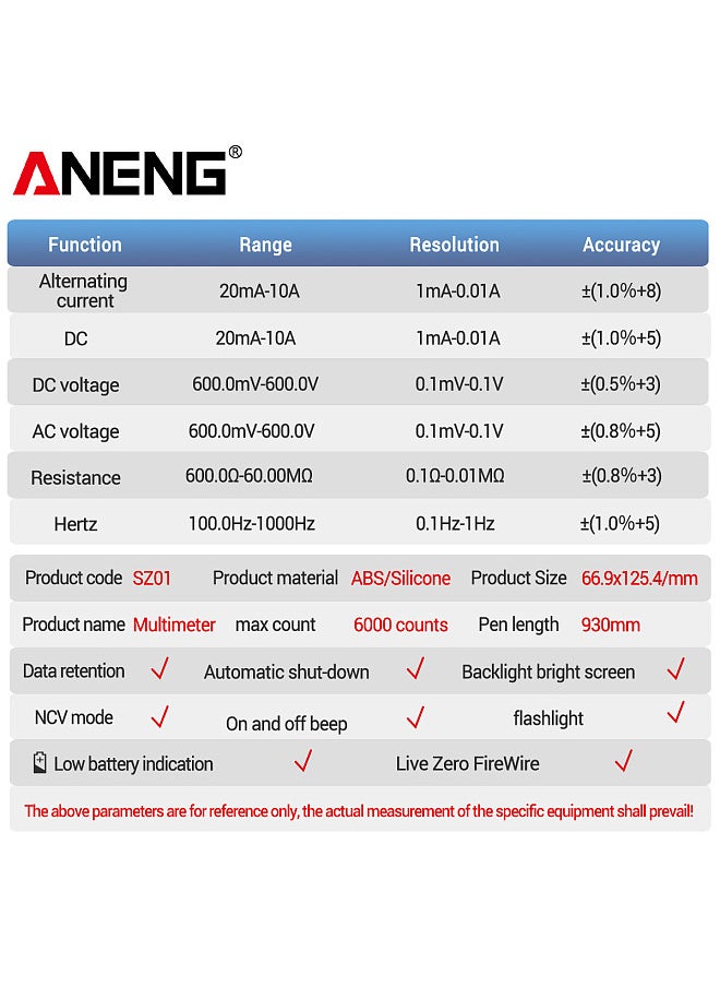 ANENG SZ01 Smart Digital Multimeter 6000 Counts Auto Range True RMS NCV Universal Meter Handheld Multifunctional Tester Voltmeter Ammeter with Backlight Flashlight  Current Resistance Frequency Measurement  - Image 2