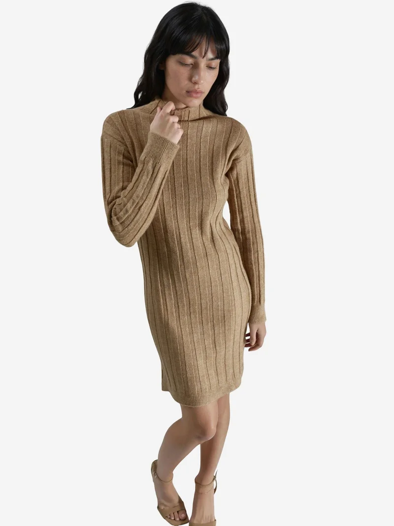 My Fashion Camel Brown MY FASHION Ribbed Turtleneck Mini Knit Dress for Women | Best Price UAE