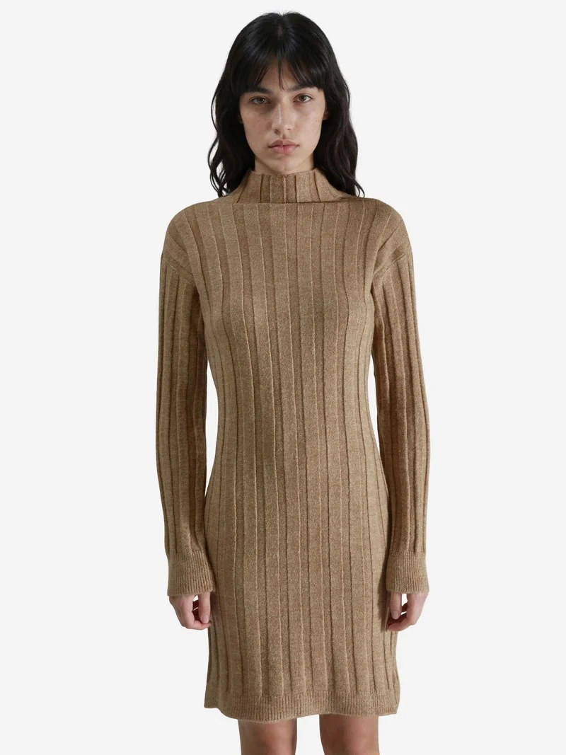 My Fashion Camel Brown MY FASHION Ribbed Turtleneck Mini Knit Dress for Women | Best Price UAE