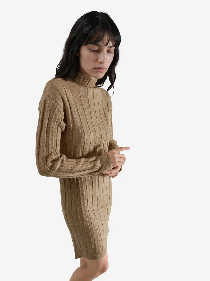 My Fashion Camel Brown MY FASHION Ribbed Turtleneck Mini Knit Dress for Women | Best Price UAE