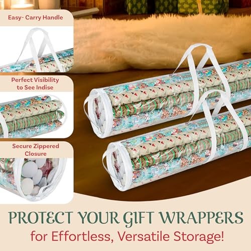 Elf Stor Wrapping Paper Storage - Set of 2 Organizers for 50 Rolls of Gift Wrap - Clear Totes with Handles for Holiday, Christmas, or Any Occasion by Elf Stor - Image 3