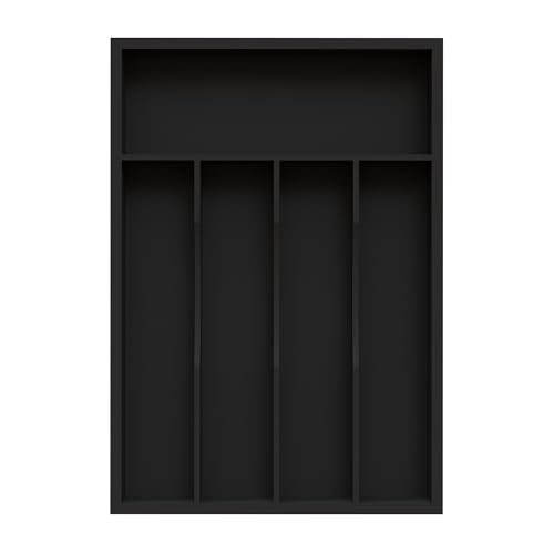 BEKVEM Bamboo Silverware Organizer, Kitchen Drawer Organizer, Utensil Holder, Cutlery Tray & Spoon Flatware Storage with Grooved Drawer Dividers (Black, 9.5''W x 13.5''D) - Image 1
