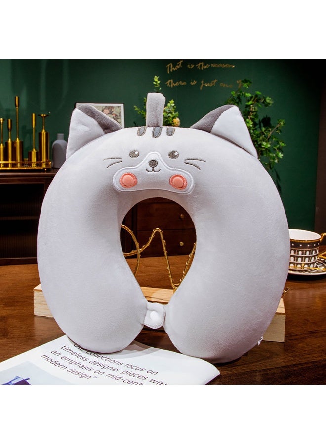 وسادة سفر، وسادة رقبة ميموري فوم بتصميم حيوان لطيف بغطاء قابل للفصل لنوم الأطفال والكبار، وسادة كرتونية محمولة على شكل حرف U للسفر بالطائرة والسيارة (قطة رمادية) - Image 1
