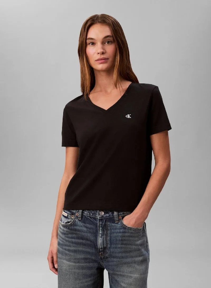 CALVIN KLEIN Black Relaxed Monogram V-Neck T-Shirt for Women | Best Price UAE