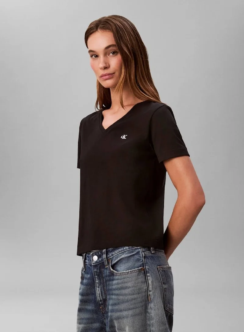 CALVIN KLEIN Black Relaxed Monogram V-Neck T-Shirt for Women | Best Price UAE