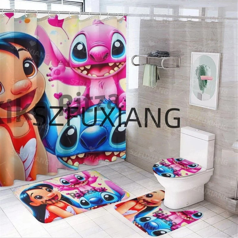 Y&D New Arrival Cartoon Stitch Bathroom Mat Set 4 Pcs Waterproof Shower Curtain Cheap Valentine's Day Bathroom Accessory Set - Image 1
