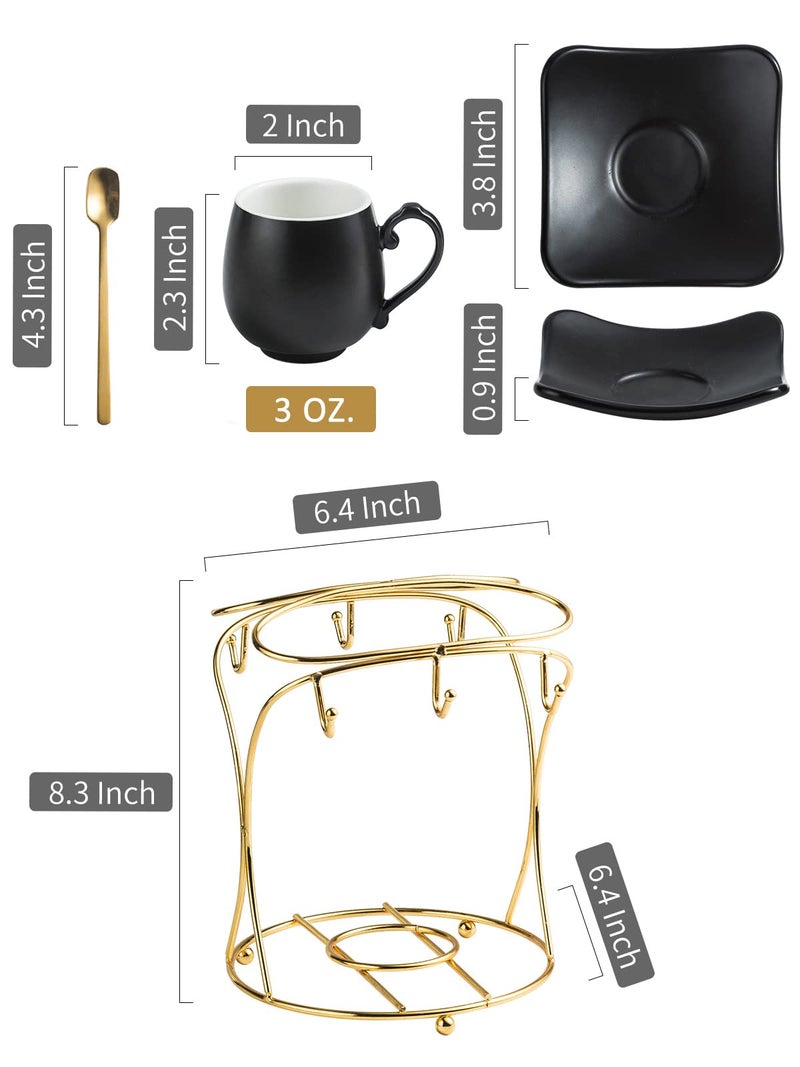 LYEOBOH Espresso Cups with Saucers Set, 3 Ounces Porcelain Coffee Cups with Metal Stand and Spoons, Cappuccino Cups Cute Demitasse Cups for Coffee Drinks, Latte, Tea Set of 6, Black - Image 3