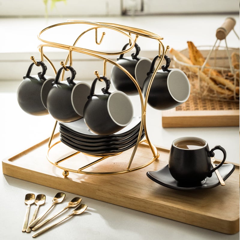 LYEOBOH Espresso Cups with Saucers Set, 3 Ounces Porcelain Coffee Cups with Metal Stand and Spoons, Cappuccino Cups Cute Demitasse Cups for Coffee Drinks, Latte, Tea Set of 6, Black - Image 4